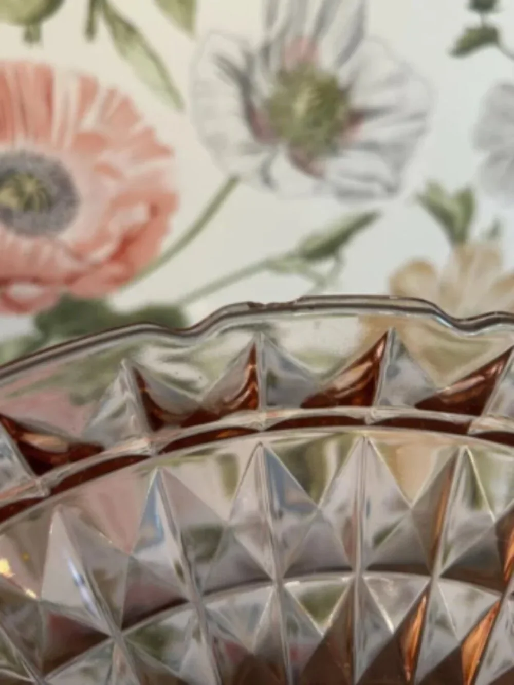 Vintage Blush Pink Pressed Glass Starburst Platter Decorative Round Tray